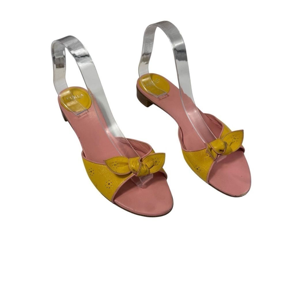 Furla bow block heel leather sandal pink yellow size 39
